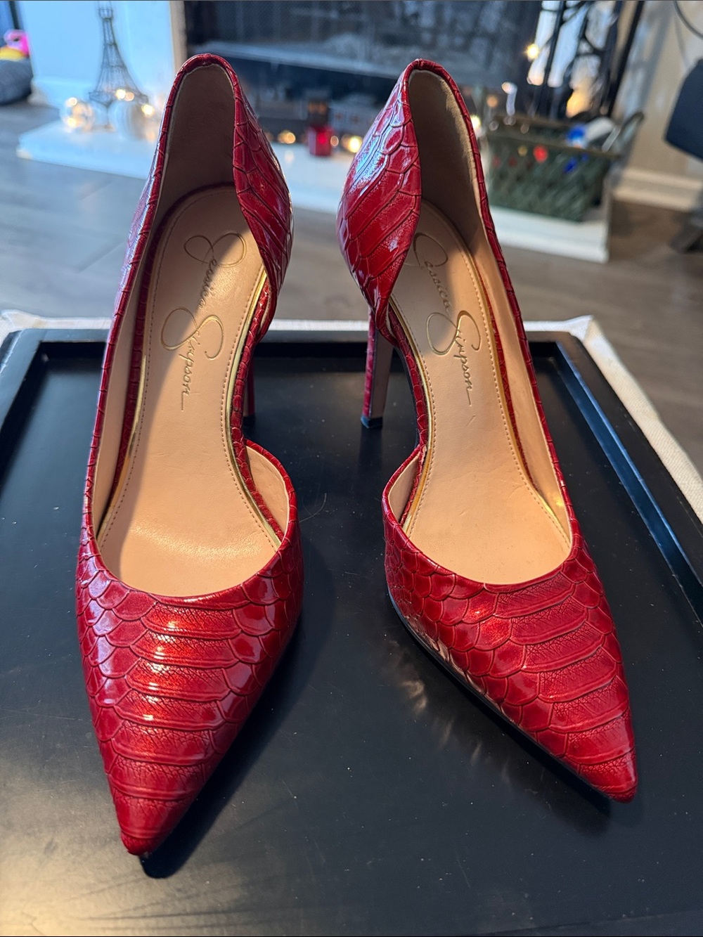 Jessica Simpson Red Croc-Embossed Pointed-Toe Stiletto Pumps